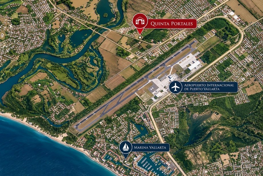 Mapa satelital con Quinta Portales, el Aeropuerto Internacional de Puerto Vallarta y Marina Vallarta